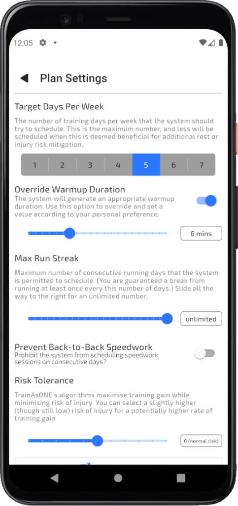 TrainAsONE mobile couch to 5k app Plan Settings screen